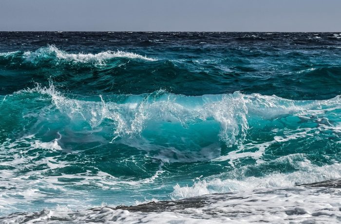 海岛地形全景，蓝色海面环绕着由沙滩与棕榈状植被组成的小岛，天色明亮，体现我的世界种子推荐中的海岛类取向